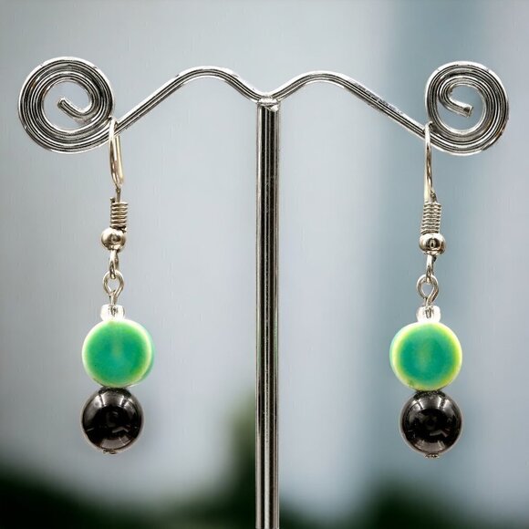 Teal and Black Circle Drop Earrings Handcrafted - Picture 4 of 5